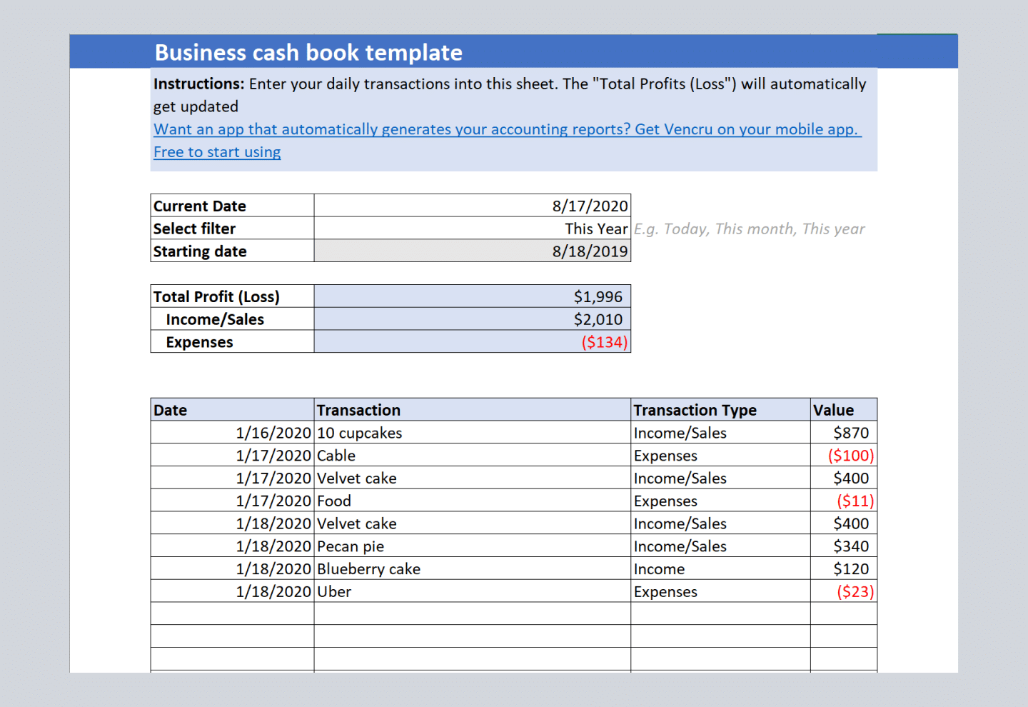 cash book report format